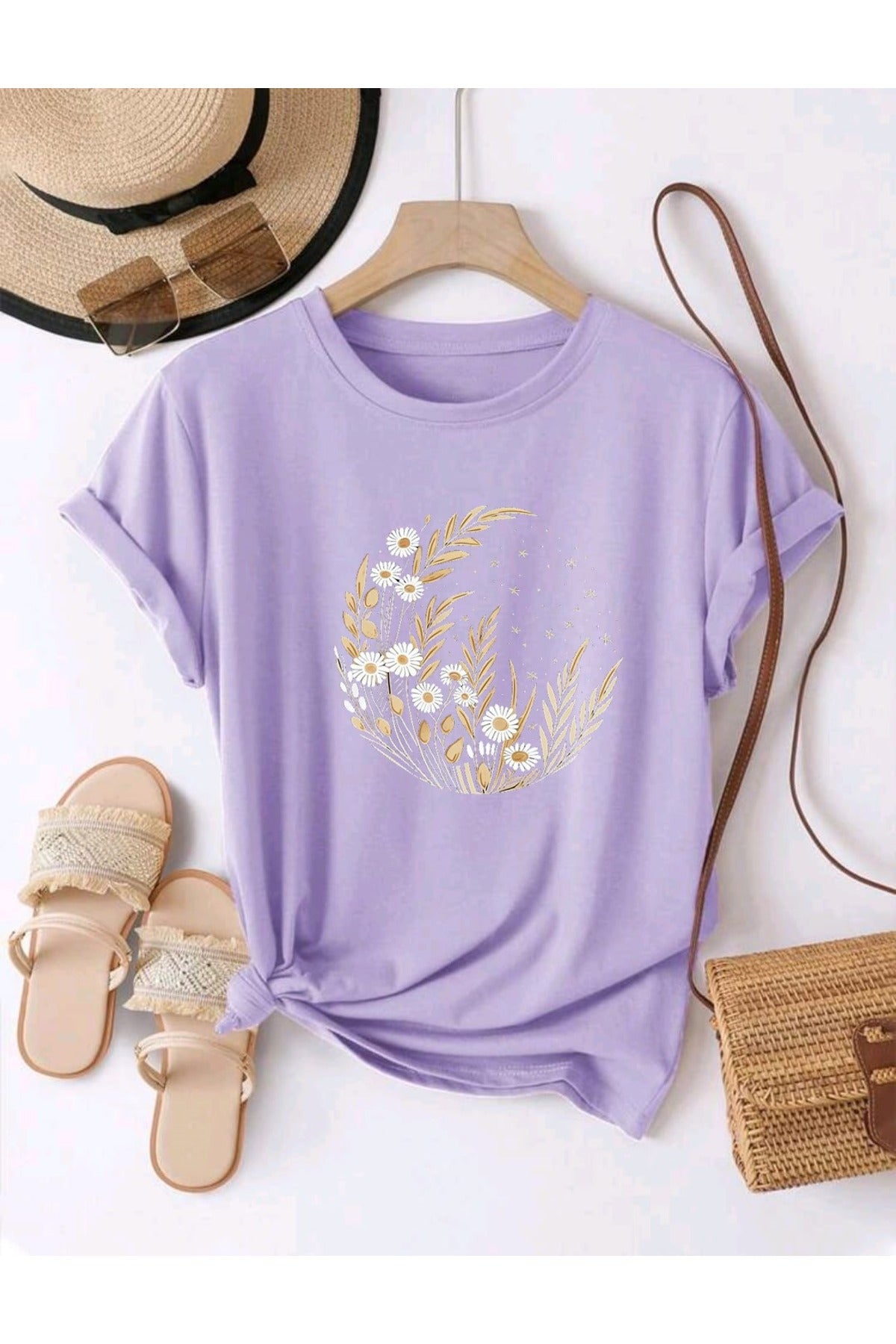 Ay Yıldız Papatya Baskılı UNISEX YAZLIK Pamuklu Kısa Kol Tshirt