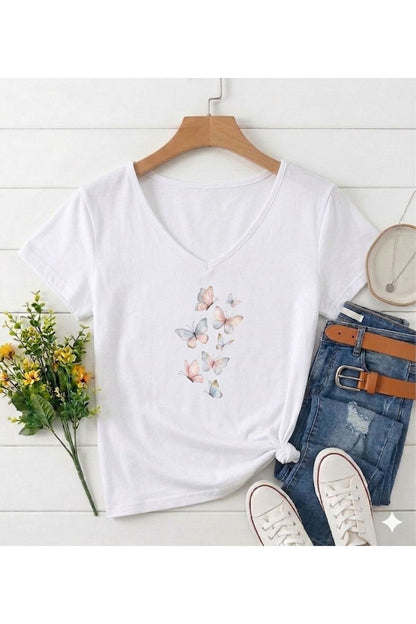 KELEBEKLER Baskılı Kadın V Yaka Regular Kalıp Tshirt (Anneler Gününe Özel Seri)