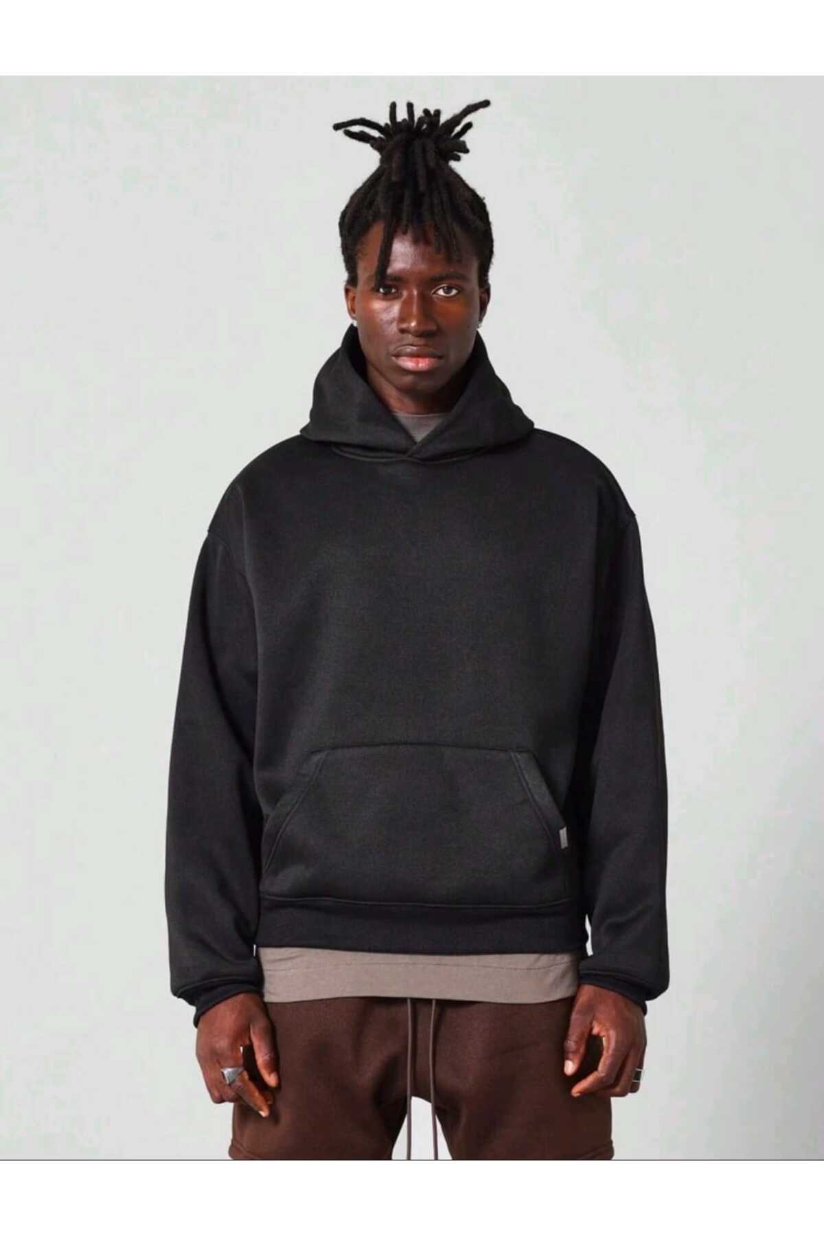 Basic baskısız pamuklu oversize kapüşonlu