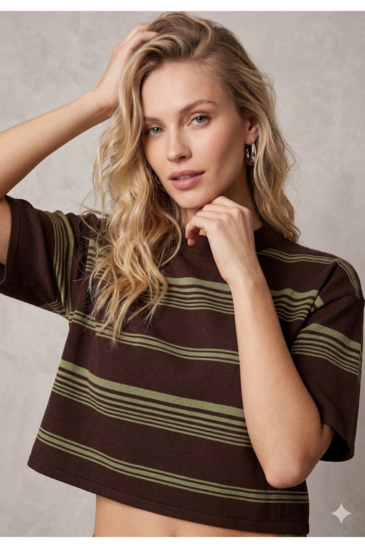 Çizgili Bisiklet Yaka Crop Kadın Triko T-shirt