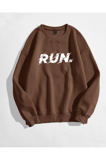 RUN Baskılı Bisiklet Yaka Pamuklu Sweatshirt