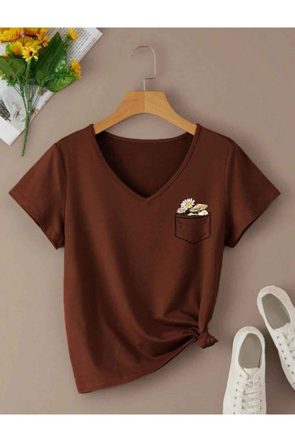 V Yaka Basic Çiçek Baskılı Pamuklu Tshirt (normal Kalıp)