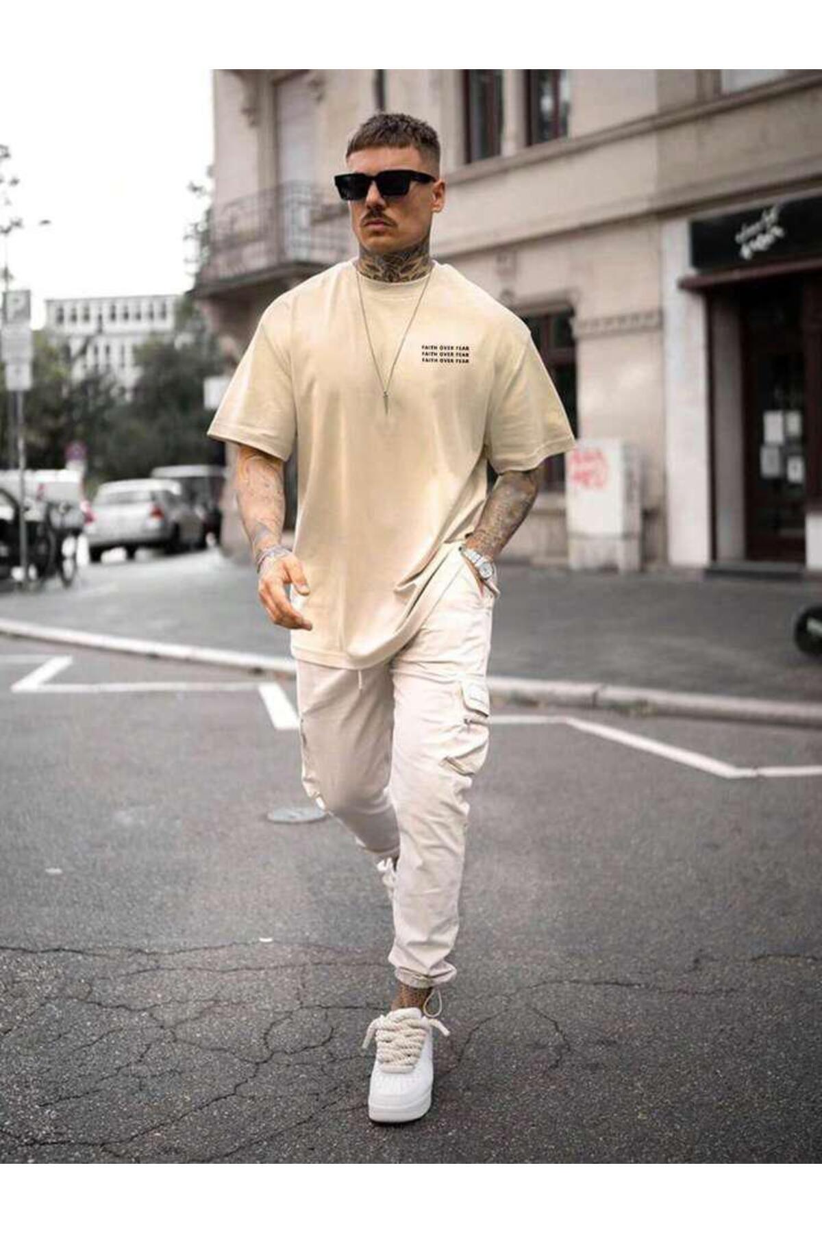 FAITH OVER FEAR Baskılı Oversize Pamuklu Tshirt T-Shirt Tşört Tişört