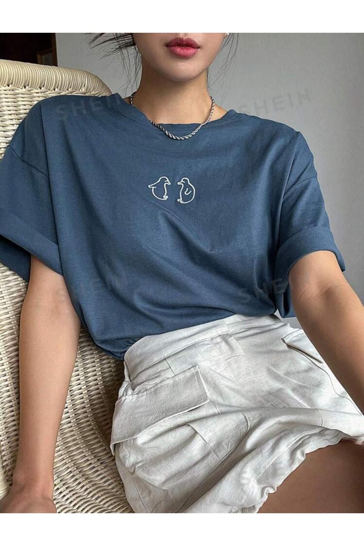 Baskılı Pamuklu Bisiklet Yaka Tshirt