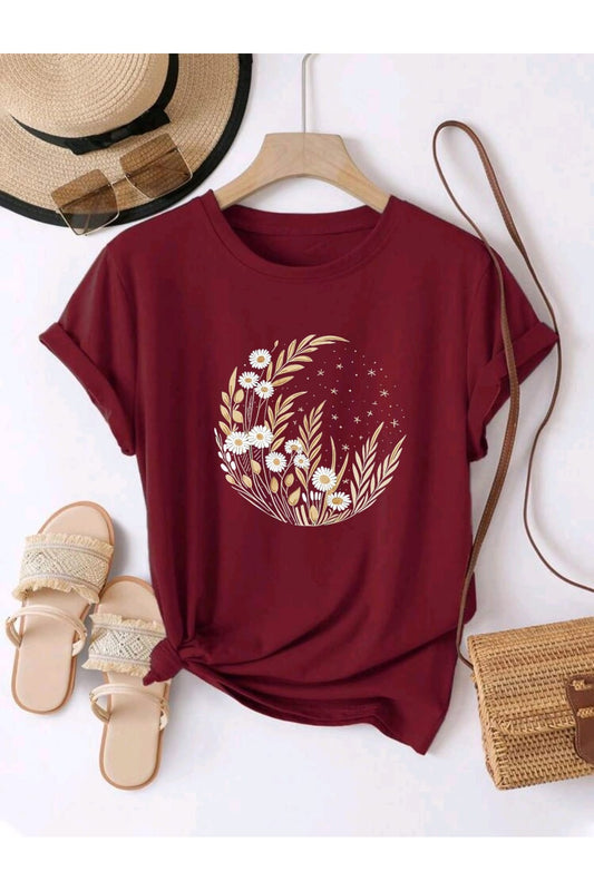 Ay Yıldız Papatya Baskılı UNISEX YAZLIK Pamuklu Kısa Kol Tshirt