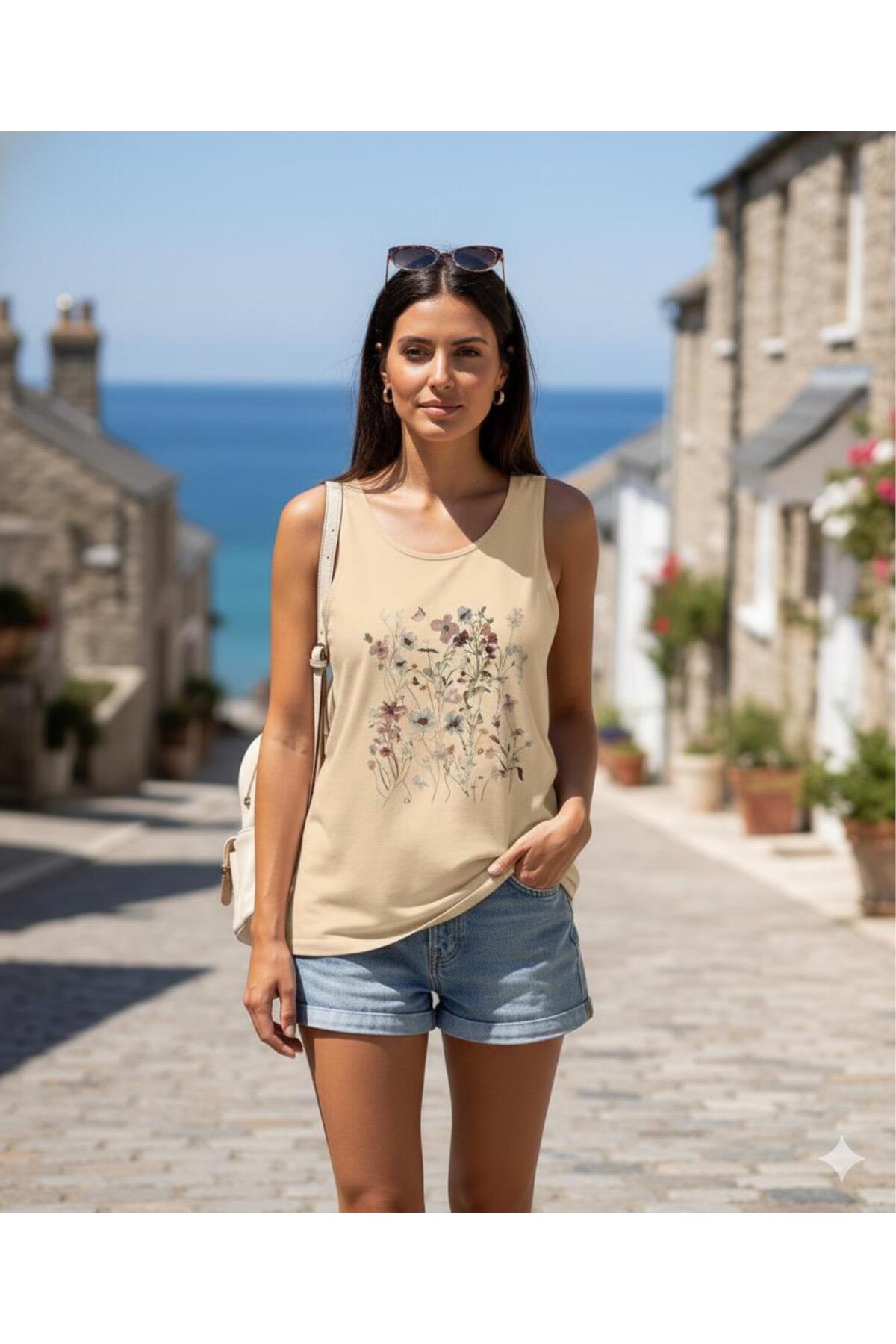 FLOWERS Kadın Askılı Omuzu Açık Kolsuz Flowers Baskılı TSHİRT