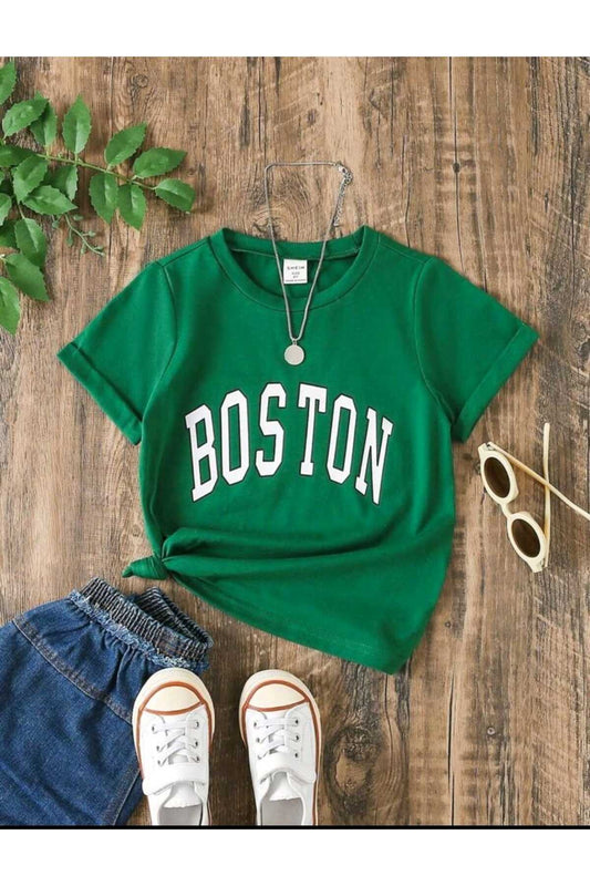 Çocuk Boston Baskılı Bisiklet Yaka Pamuklu T-shirt