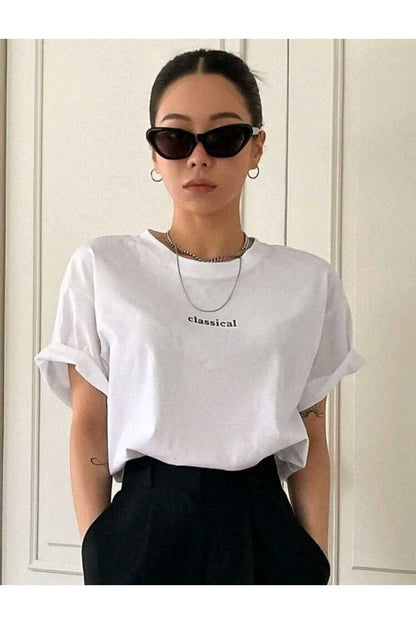 Classical Baskılı Bisiklet Yaka Pamuklu T-Shirt