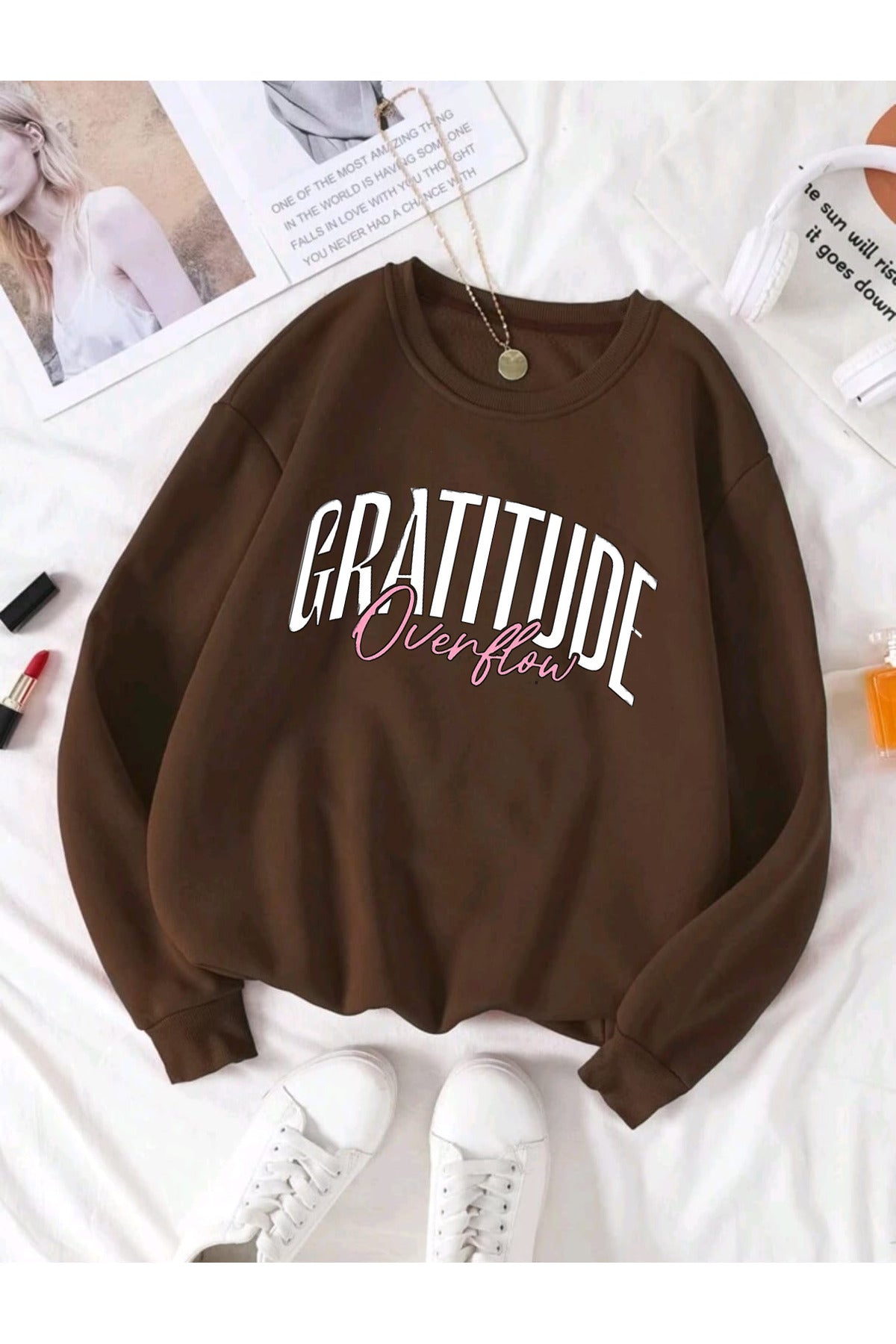 GRATITUDE OVERFLOW Baskılı Bisiklet Yaka Pamuklu Unisex Sweatshirt
