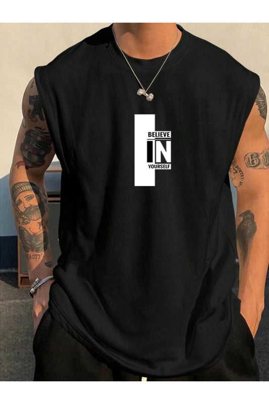 Believe Baskılı Kolsuz Atlet Tshirt  Erkek Sıfır Kol Giyim Spor Giyim Oversize