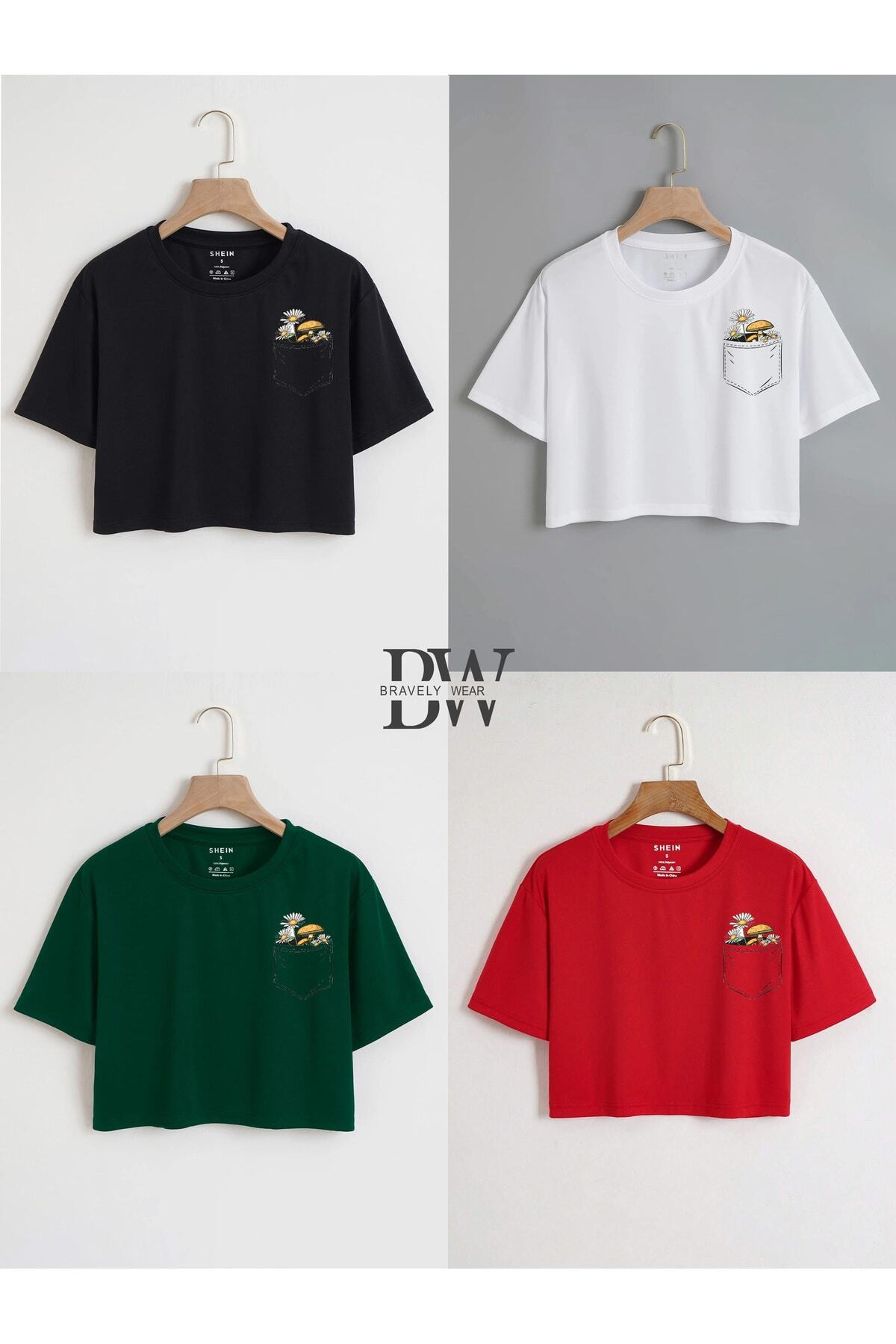 Crop Oversize Çiçek Baskılı Spor Bisiklet Yaka Pamuklu Rahat Kesim Tshirt
