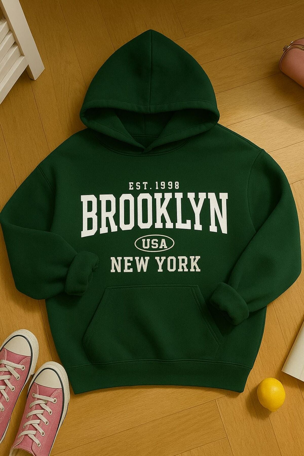 EST.1998 BROOKLYN Baskılı Oversize Kalıp KAPŞONLU Sweatshirt
