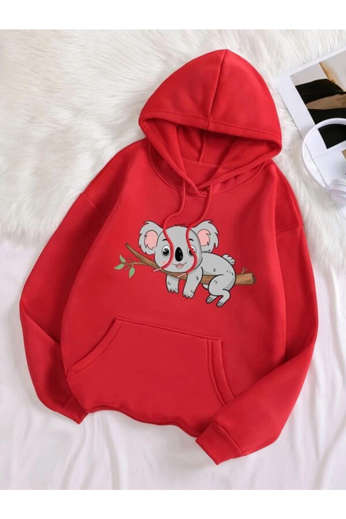 Unisex Kırmızı Kanguru Cepli Kapşonlu 3 Iplik Sweatshirt Koala