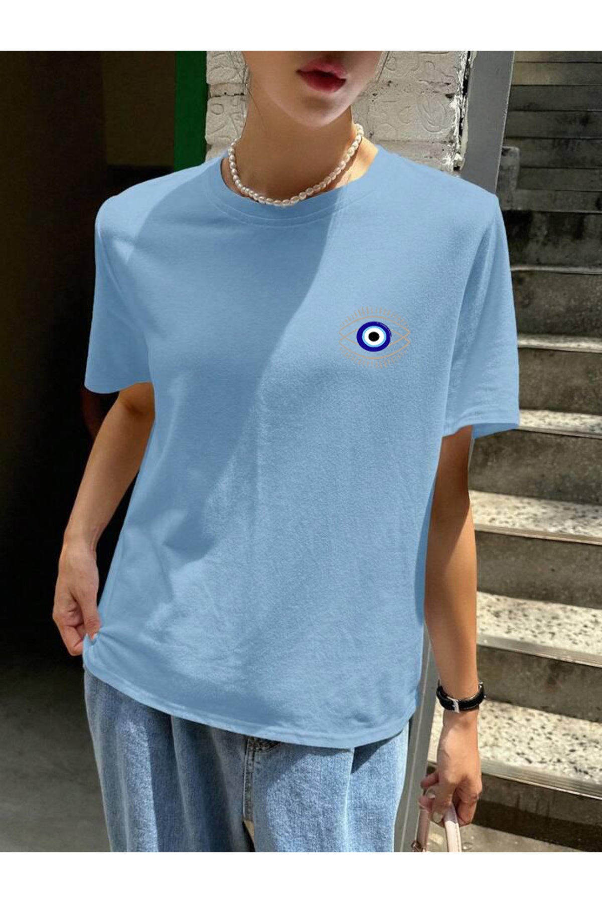 NAZAR BONCUĞU ve GÖZ Baskılı Pamuklu Kısa Kol (Oversize) Tshirt