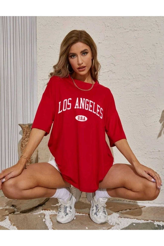 Los Angeles Usa Baskılı Tshirt Oversize Spor Bisiklet Yaka Pamuklu