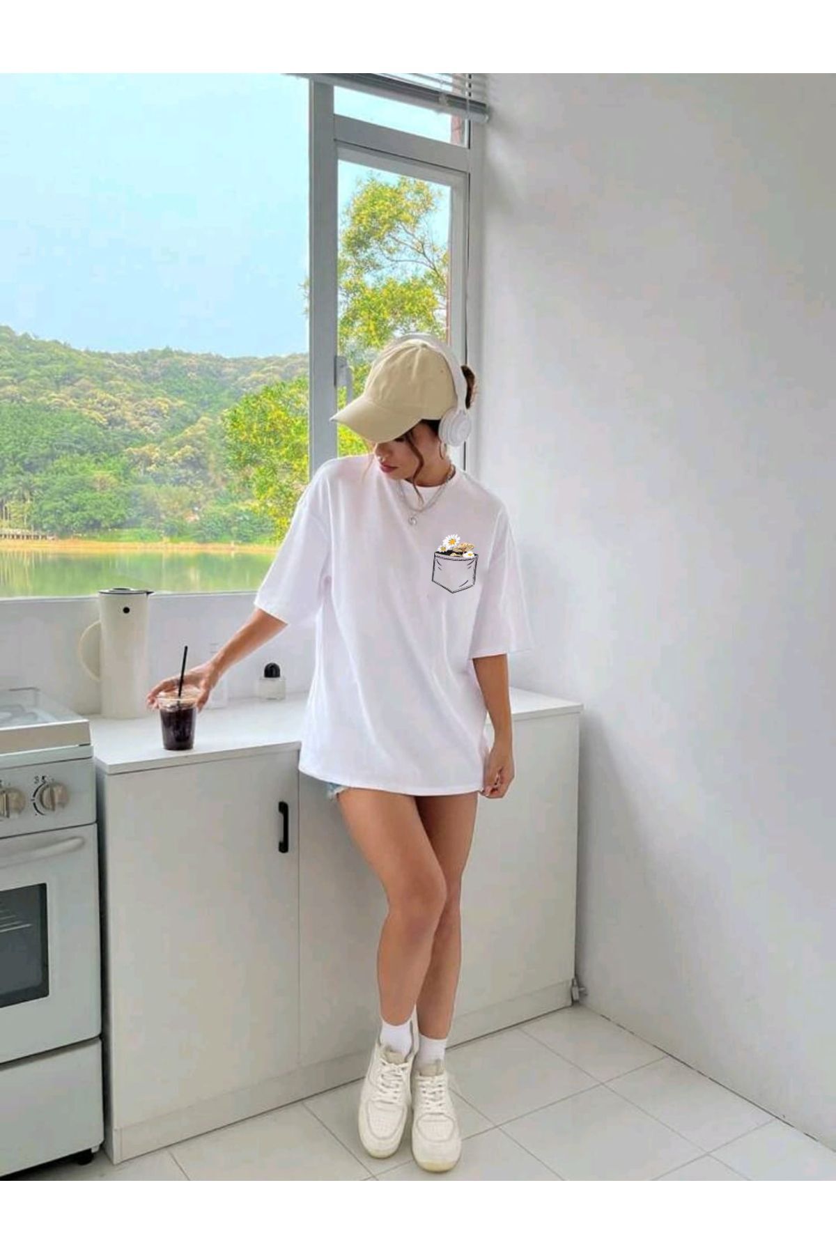 Çiçek Baskılı Unisex Oversize ( Geniş Kalıp ) Tshirt