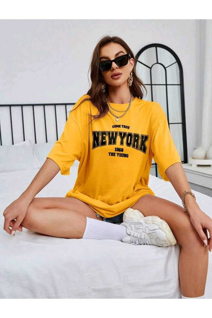 Come True New York Baskılı Oversize Spor Bisiklet Yaka Pamuklu Tshirt