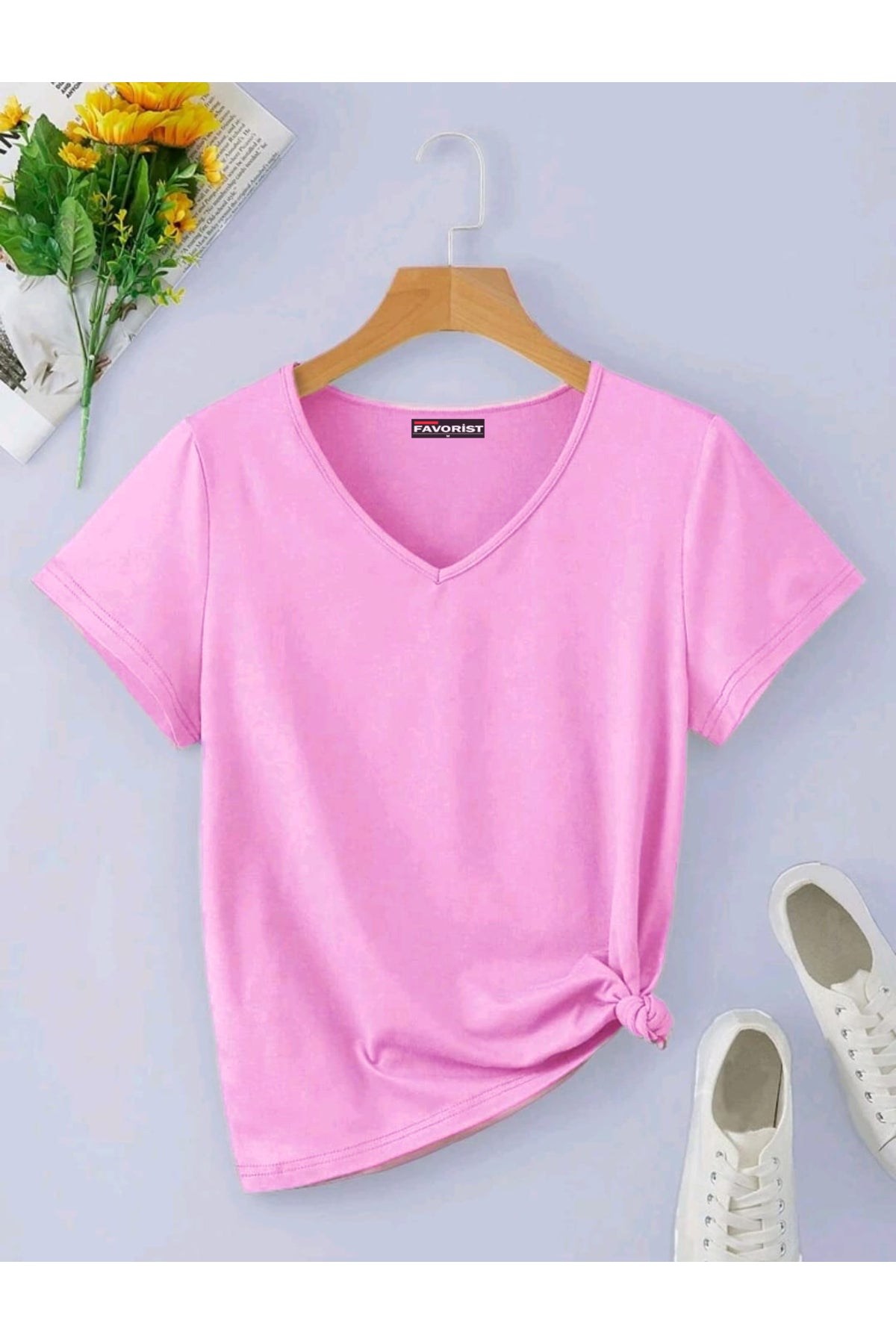 V Yaka (düz Desensiz) Basic Giy Çık Pamuklu Tshirt