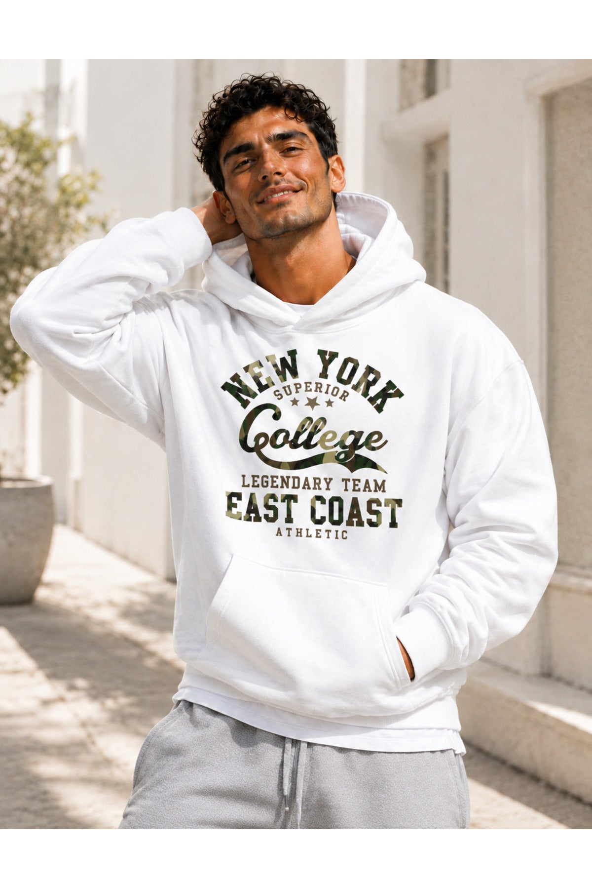 College New York Üç İplik Penye Erkek Kapşonlu Sweatshirt Oversize