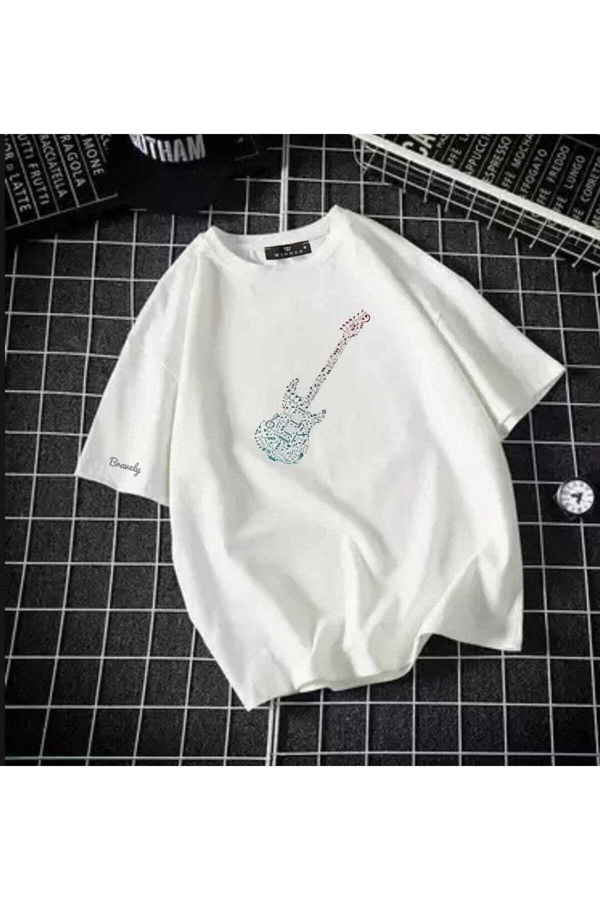 Gitar Elektro Oversize Pamuk Bisiklet Yaka Tshirt