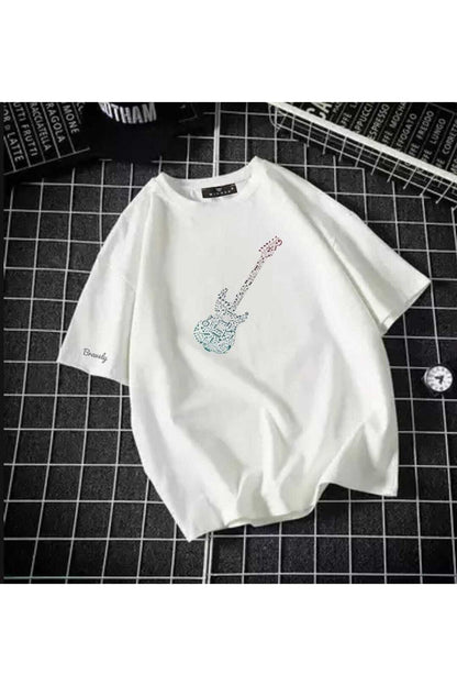 Gitar Elektro Oversize Pamuk Bisiklet Yaka Tshirt