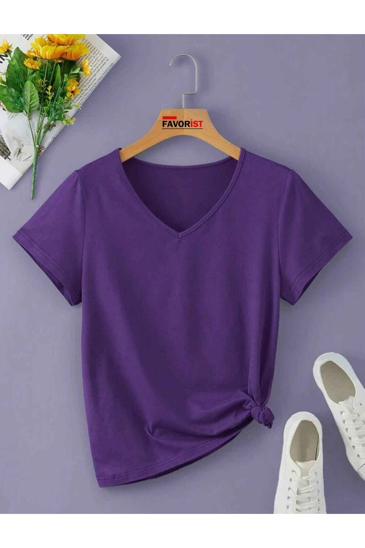 V Yaka (düz Desensiz) Basic Giy Çık Pamuklu Tshirt
