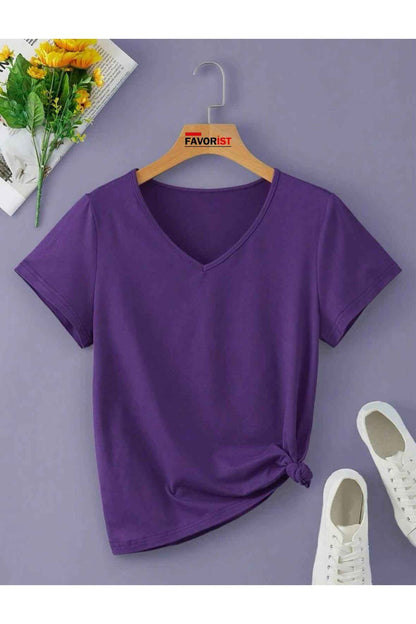 V Yaka (düz Desensiz) Basic Giy Çık Pamuklu Tshirt
