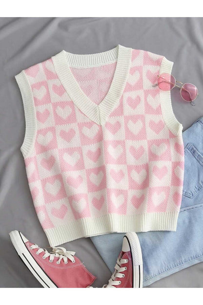 V-NECK COTTON SWEATER WITH HEARTS Süveter KALPLİ
