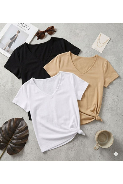 3 Adet Düz Regular Kalıp (V Yaka) Kadın T-Shirt