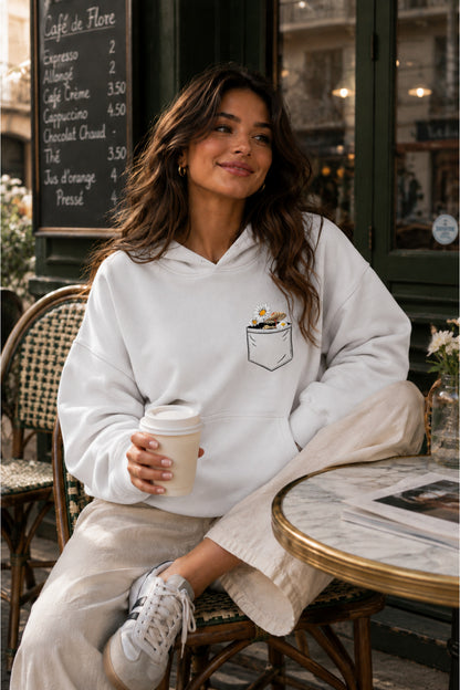 Kadın Cep Çiçek Baskılı KAPÜŞONLU Oversize Sweatshirt (3 İPLİK)