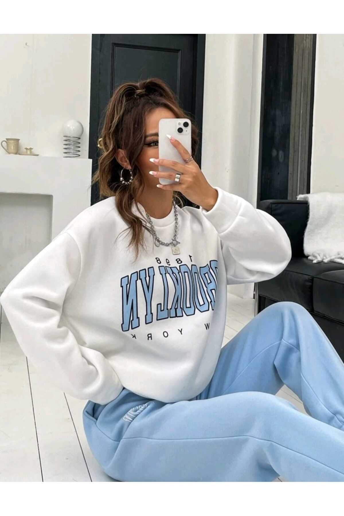 Brooklyn Baskılı Alt Üst Takım Pamuklu Spor Bisiklet Yaka Sweatshirt Ve Lastikli Eşofman Altı