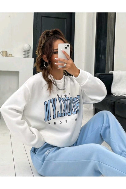 Brooklyn Baskılı Alt Üst Takım Pamuklu Spor Bisiklet Yaka Sweatshirt Ve Lastikli Eşofman Altı