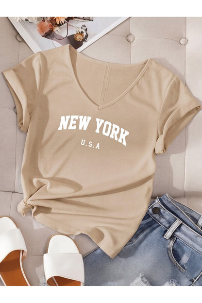Kadın New York USA Baskılı V Yaka T-shirt