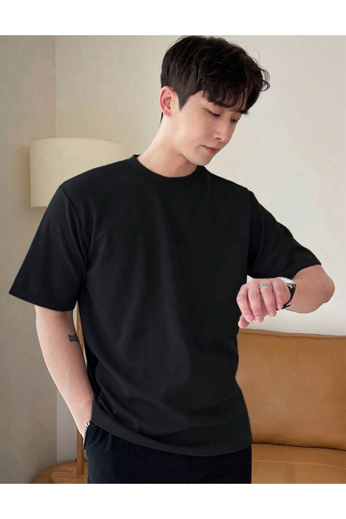 Unisex Pamuk Siyah Bisiklet Yaka Oversize Boyfriend T-shirt