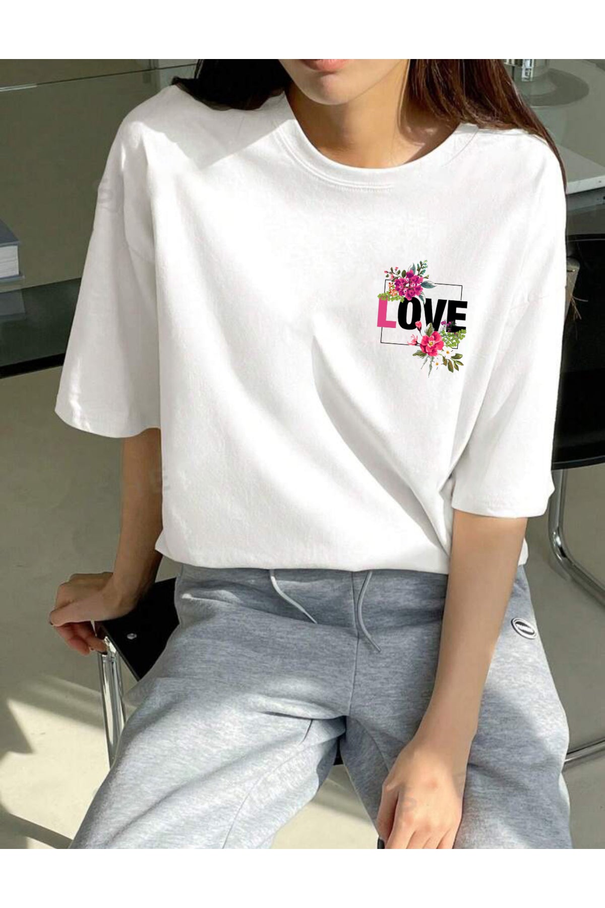 LOVE Baskılı Pamuklu Bisiklet Yaka Oversize Tshirt