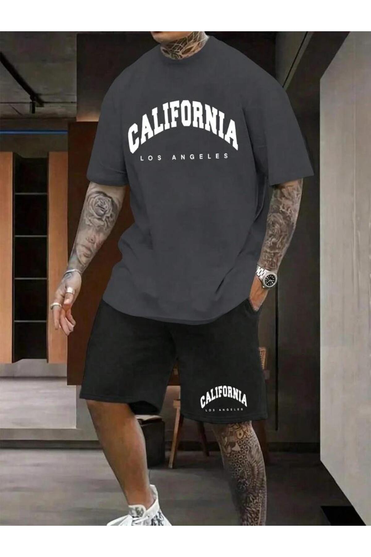 Erkek Siyah CALİFORNİA Baskılı Oversize T-shirt Şort TAKIMI