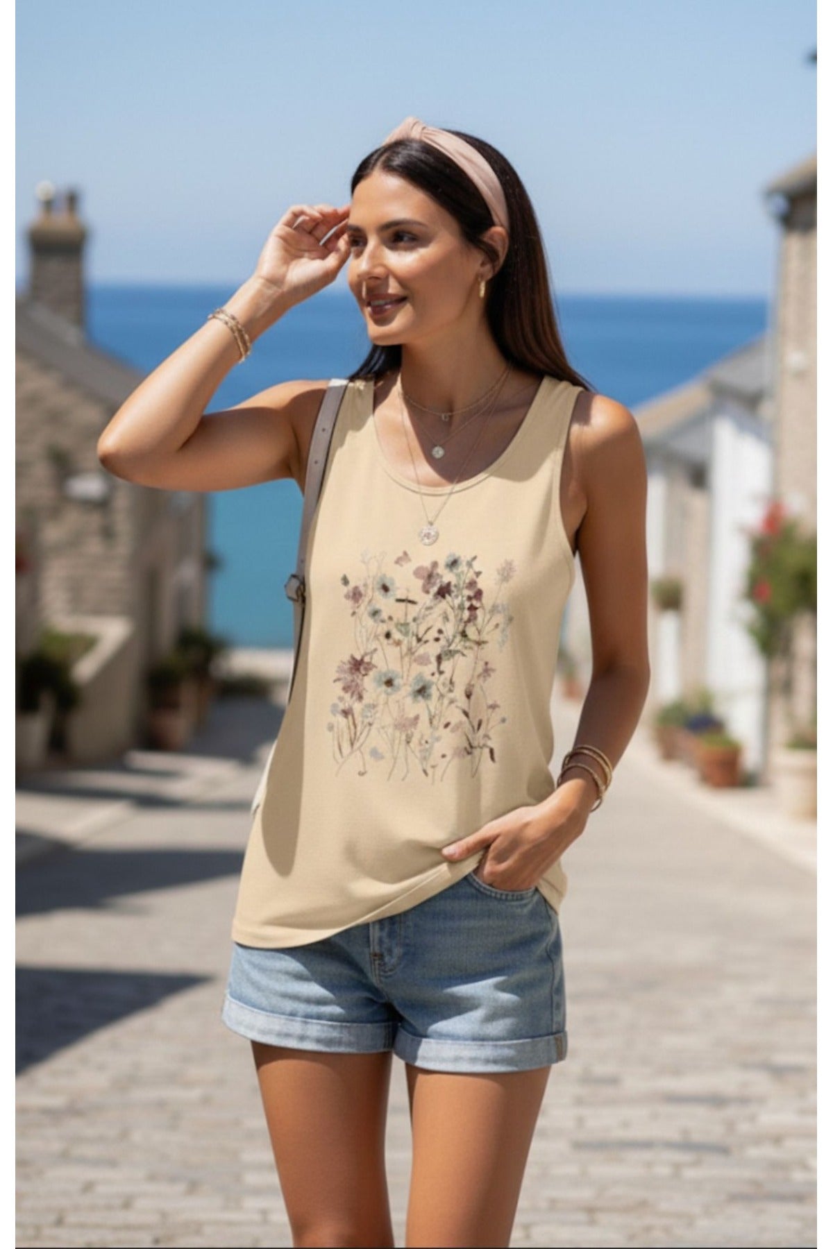 FLOWERS Kadın Askılı Omuzu Açık Kolsuz Flowers Baskılı TSHİRT