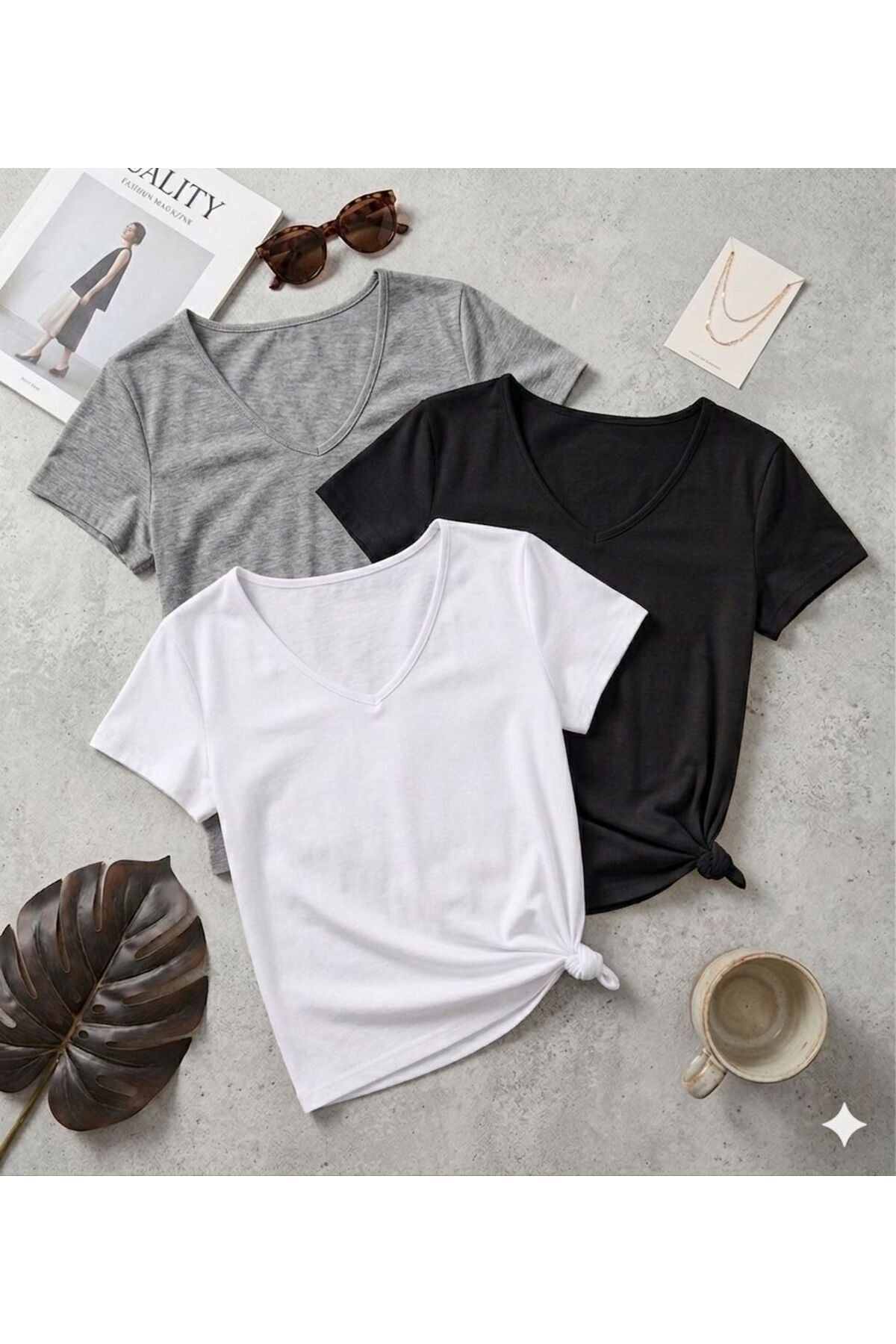 3 Adet Düz Regular Kalıp (V Yaka) Kadın T-Shirt