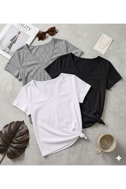 3 Adet Düz Regular Kalıp (V Yaka) Kadın T-Shirt