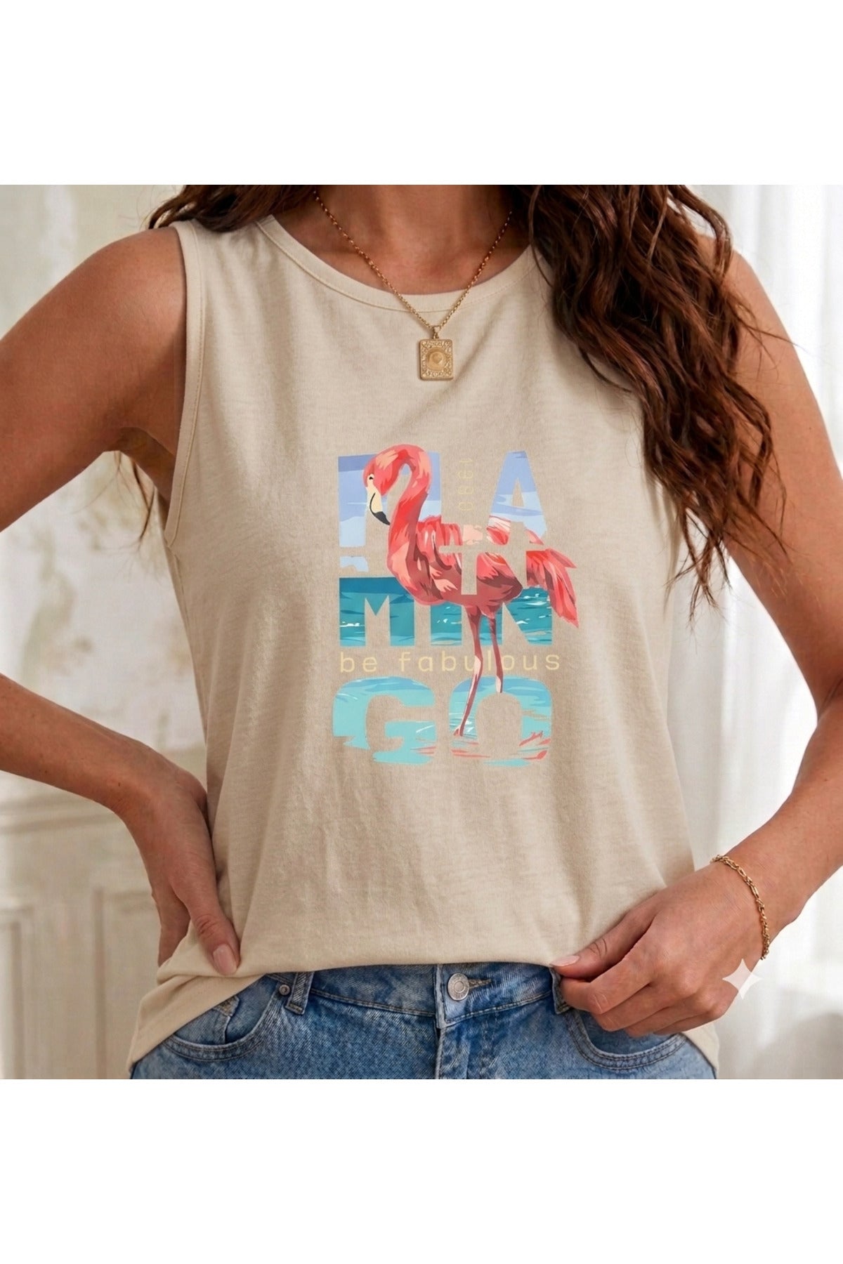 1990 Flamingo Baskılı ( Omuzu Açık ) Kadın Askılı Atlet T-shirt