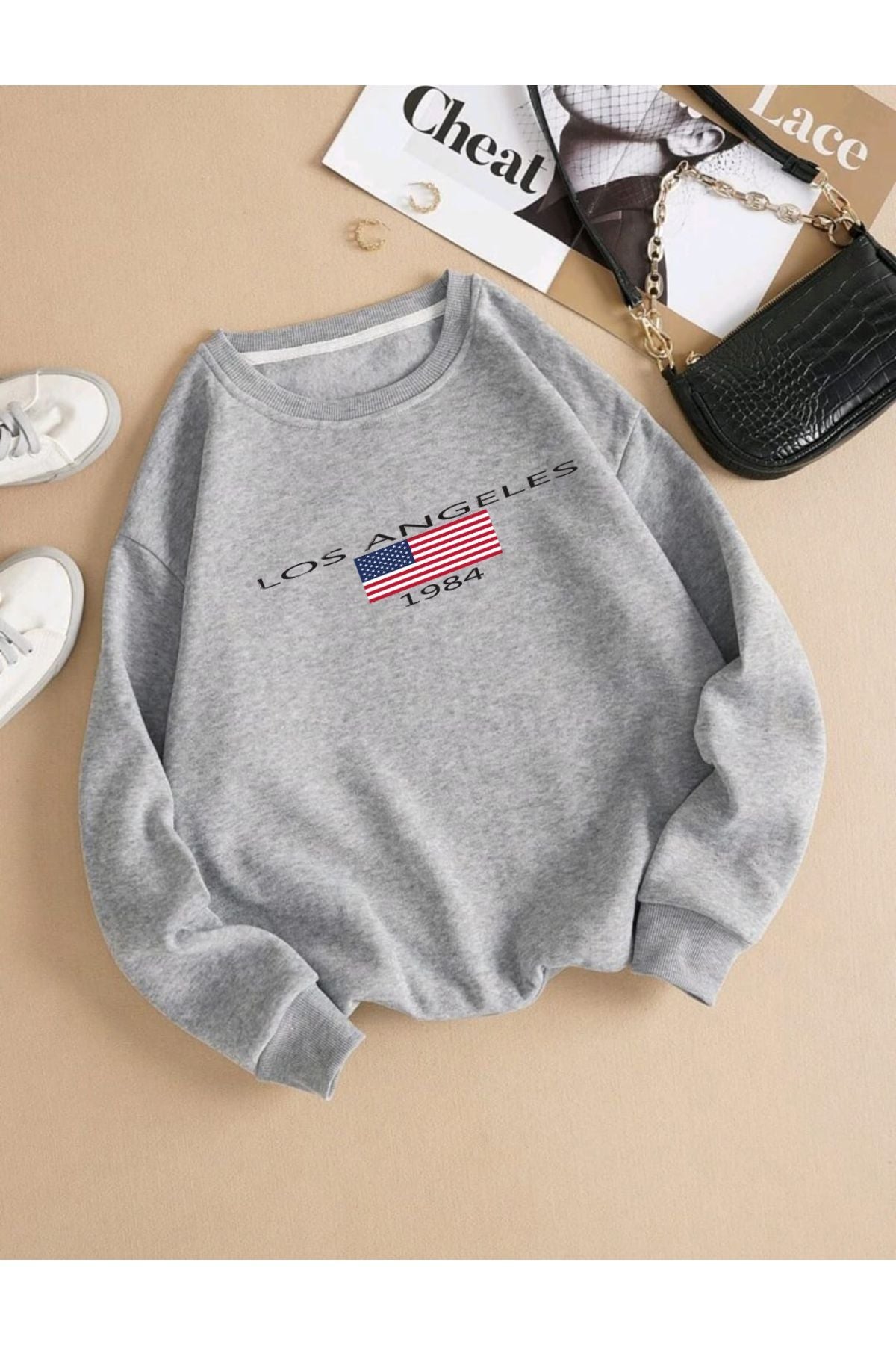 Unısex Los Angeles Baskılı Bisiklet Yaka Sweatshirt Hoodie
