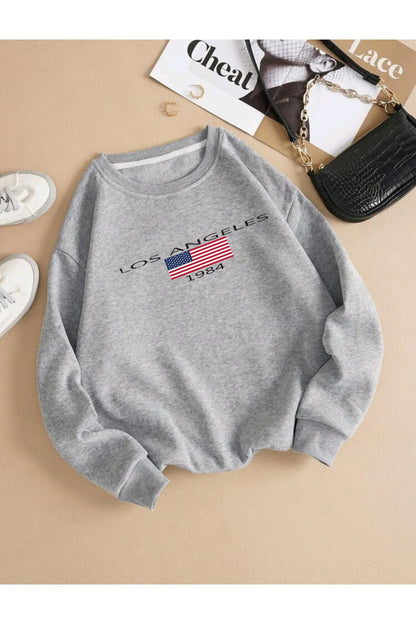 Unısex Los Angeles Baskılı Bisiklet Yaka Sweatshirt Hoodie