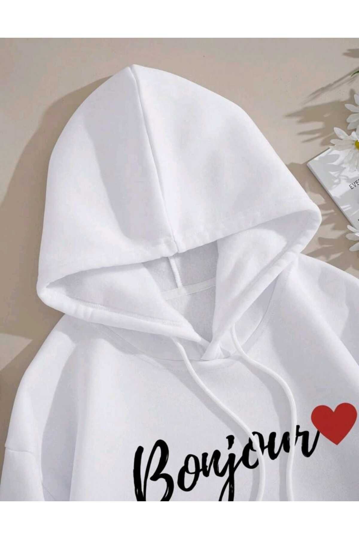 Beyaz Baskılı Kapüşonlu Sweatshirt Pamuklu