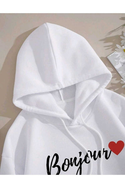 Beyaz Baskılı Kapüşonlu Sweatshirt Pamuklu