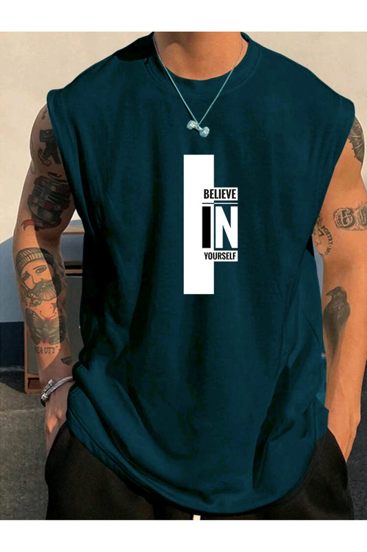 Believe Baskılı Kolsuz Atlet Tshirt Erkek Sıfır Kol Giyim Spor Giyim Oversize
