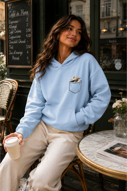 Kadın Cep Çiçek Baskılı KAPÜŞONLU Oversize Sweatshirt (3 İPLİK)