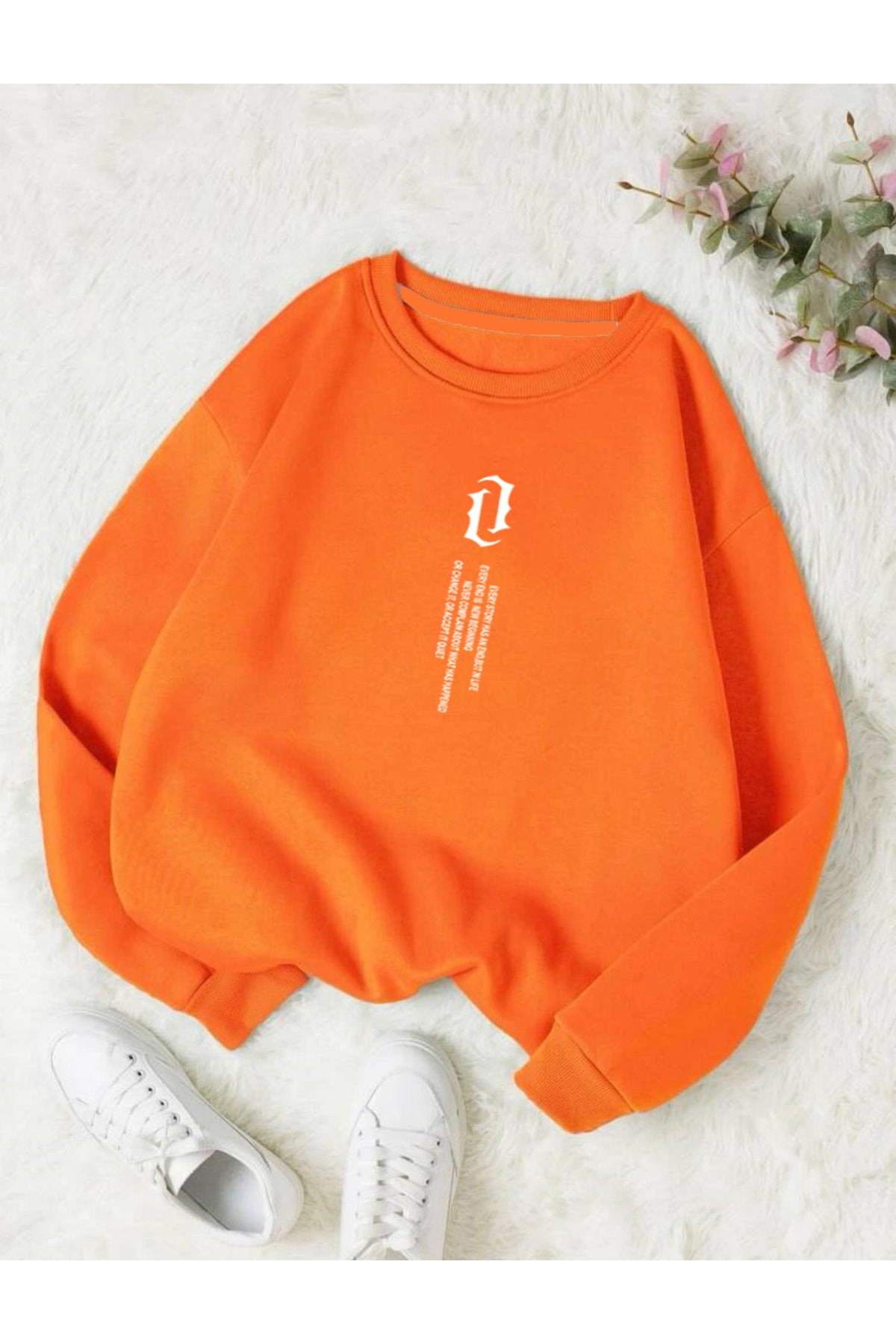 UNISEX Dikey Yazı Baskılı Bisiklet Yaka OVERSIZE Sweatshirt