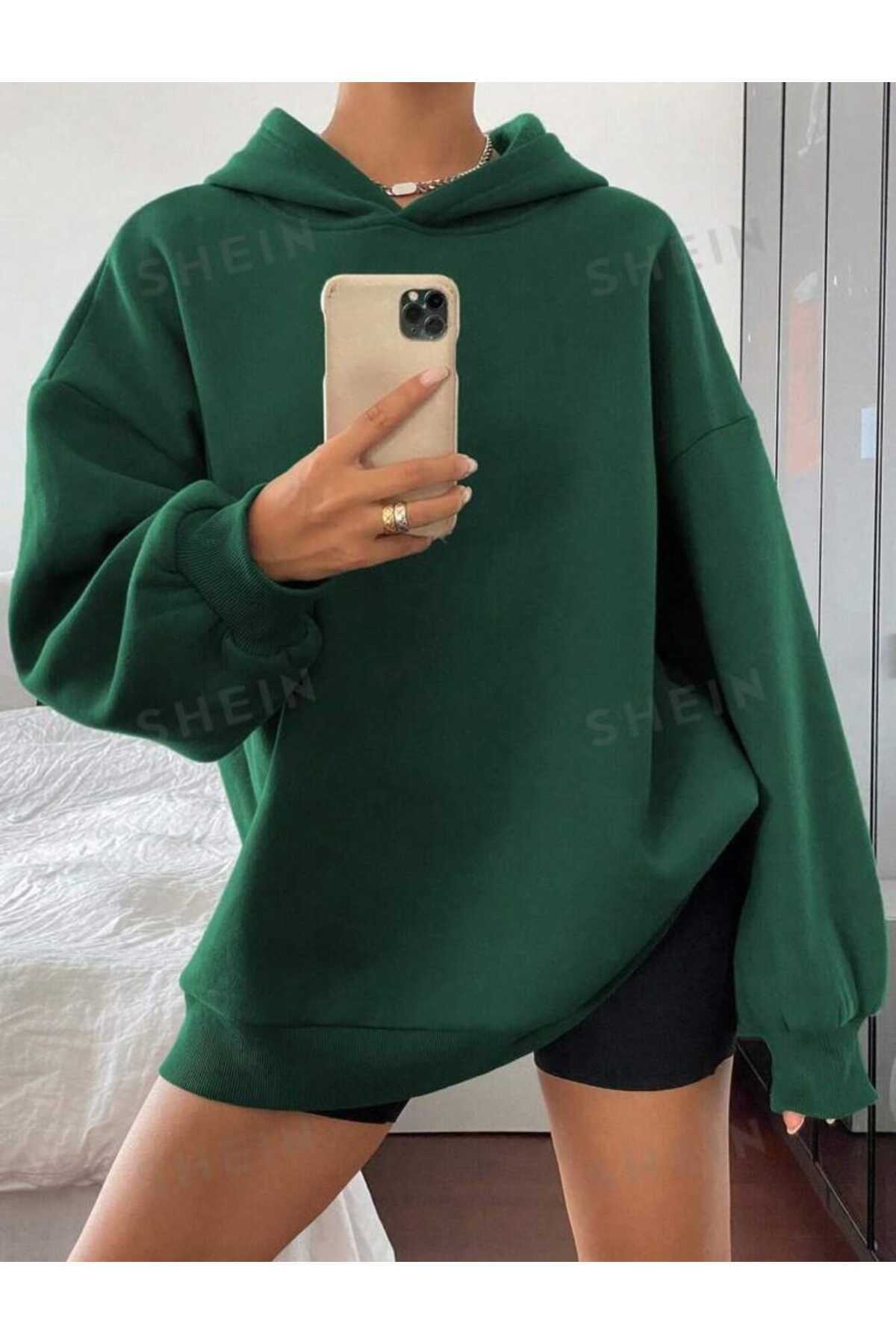 Kapüşonlu Düz Baskısız Giy Çık Oversize Kalıp Sweatshirt