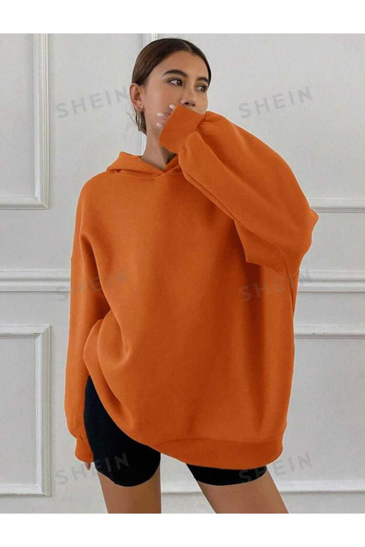 Kapüşonlu Düz Baskısız Giy Çık Oversize Kalıp Sweatshirt