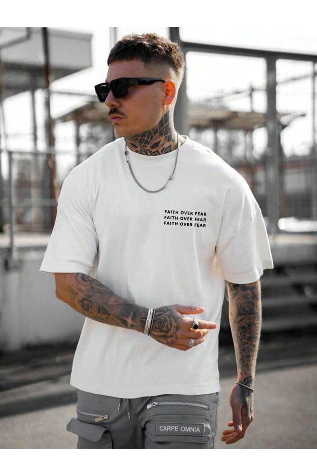 FAITH OVER FEAR Baskılı Oversize Pamuklu Tshirt T-Shirt Tşört Tişört